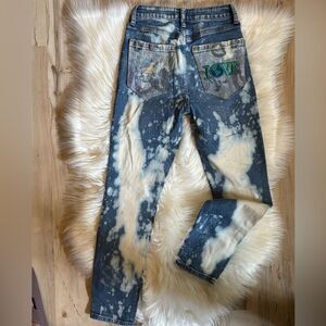 Maevey J Upcycled Blue and Cream Splatter Jeans with Distressing